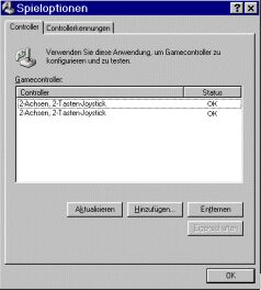 Fenster der Windows98 Systemsteuerung: Start->Einstellungen->Systemsteuerung->Spieloptionen